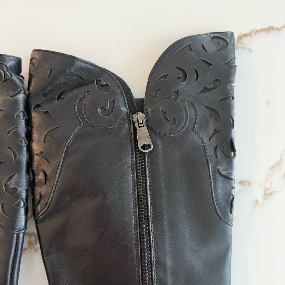 Italian Black Leather High Block Heel Knee Boots with Western Scalloped Top - Picture 2 of 5